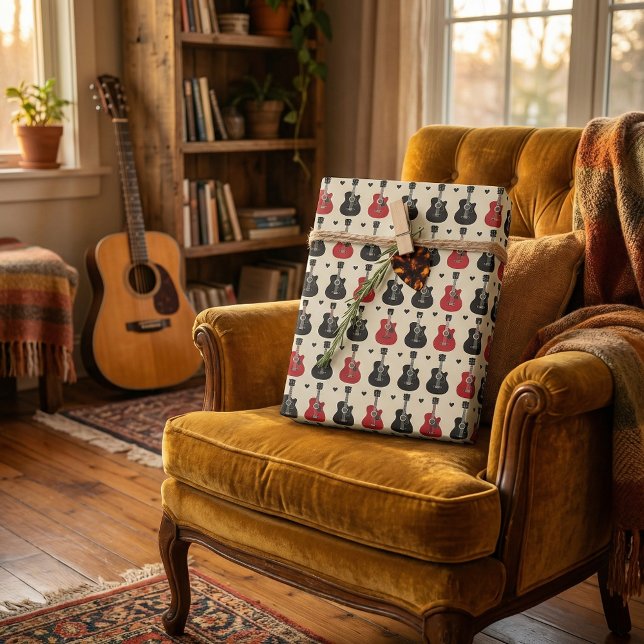 Black and Red Guitar Heart Pattern on Off-White Wrapping Paper Sheet (Creator Uploaded)