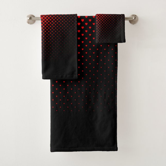 Black and Red Halftone Heart Pattern  Bath Towel Set (Insitu)