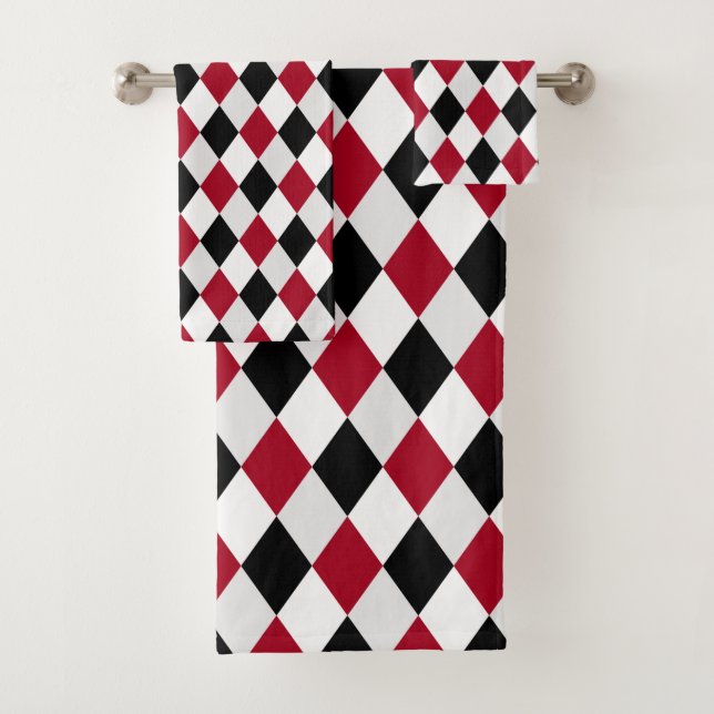 Black and Red Harlequin Diamond Pattern Bath  Bath Towel Set (Insitu)
