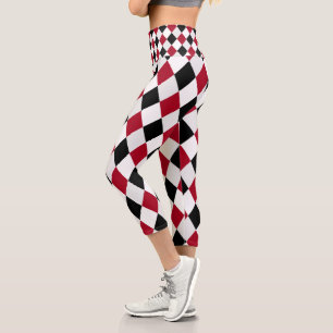 Black and Red Harlequin Diamond Pattern Capri Leggings