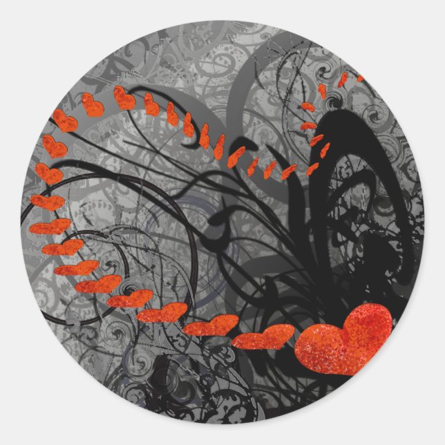 Black and Red Heart Swirls Classic Round Sticker (Front)