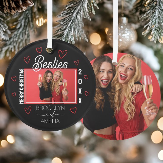 Black and Red Hearts Photo Besties Christmas Ornament (Black and Red Hearts Photo Besties Christmas Ornament)