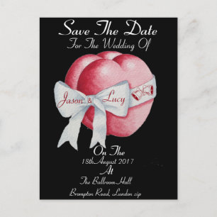 black and red hearts with white bow save the date announcement postcard