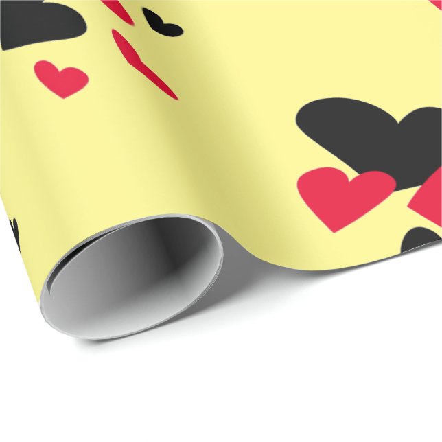 Black and Red Hearts Yellow Wrapping Paper (Roll Corner)