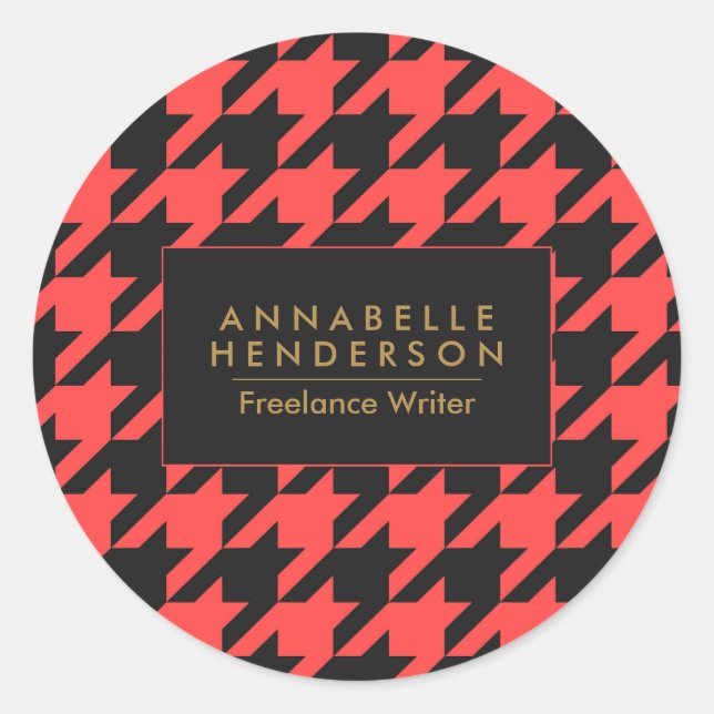 Black and Red Houndstooth Classic Round Sticker (Front)