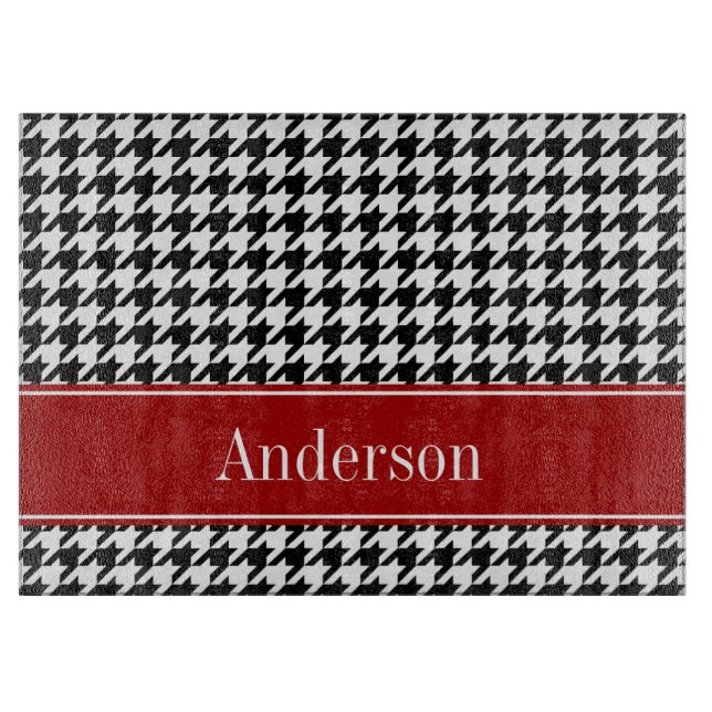 Black and Red Houndstooth Pattern Personalised Cutting Board (Front)