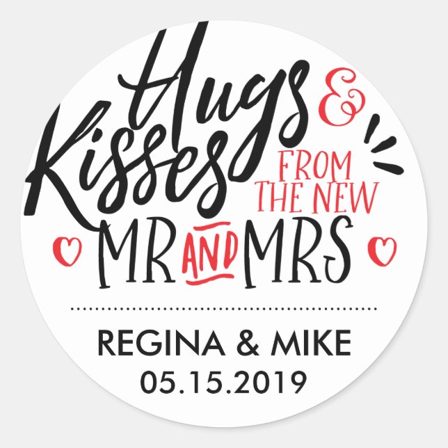 Black and Red Hugs and Kisses From New Mr and Mrs Classic Round Sticker (Front)
