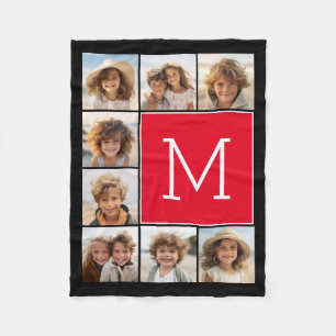 Black and Red Instagram 8 Photo Collage Monogram Fleece Blanket