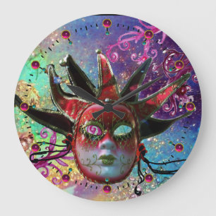 BLACK AND RED JESTER MASK Blue Masquerade Party Large Clock