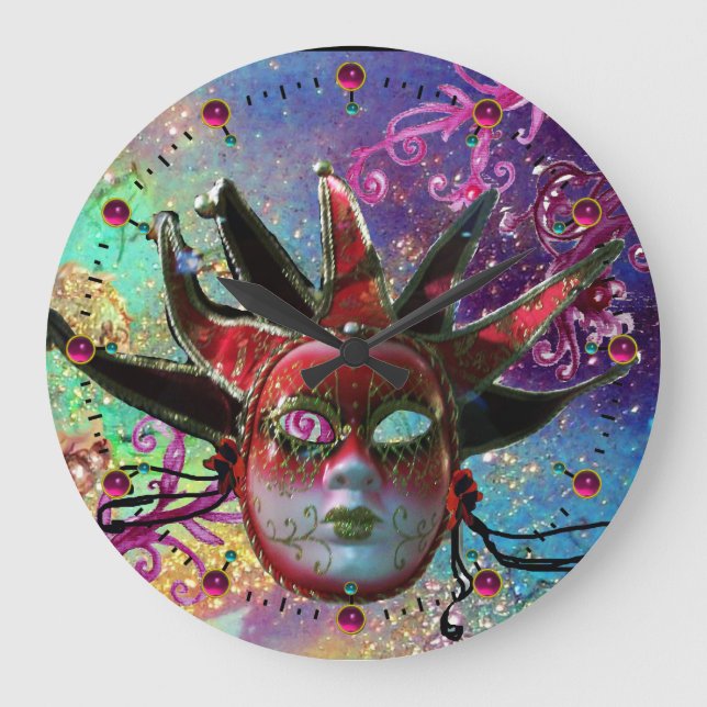 BLACK AND RED JESTER MASK Blue Masquerade Party Large Clock (Front)