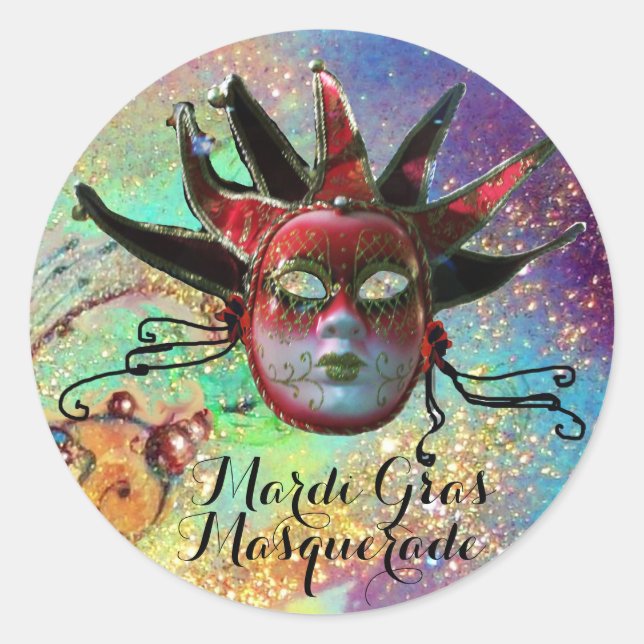 BLACK AND RED JESTER MASK IN BLUE Masquerade Party Classic Round Sticker (Front)