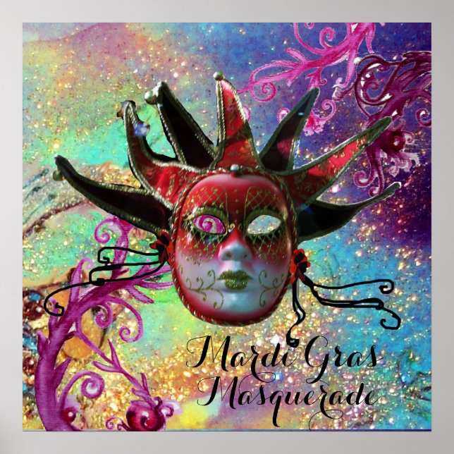 BLACK AND RED JESTER MASK IN BLUE Masquerade Party Poster (Front)