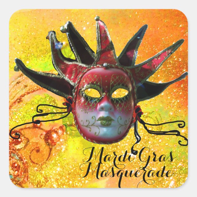 BLACK AND RED JESTER MASK IN YELLOW Masquerade Square Sticker (Front)