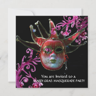 BLACK AND RED JESTER MASK ,Masquerade Party  Black Invitation