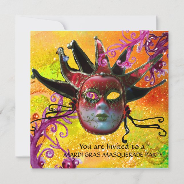 BLACK AND RED JESTER MASK , Masquerade Party Invitation (Front)