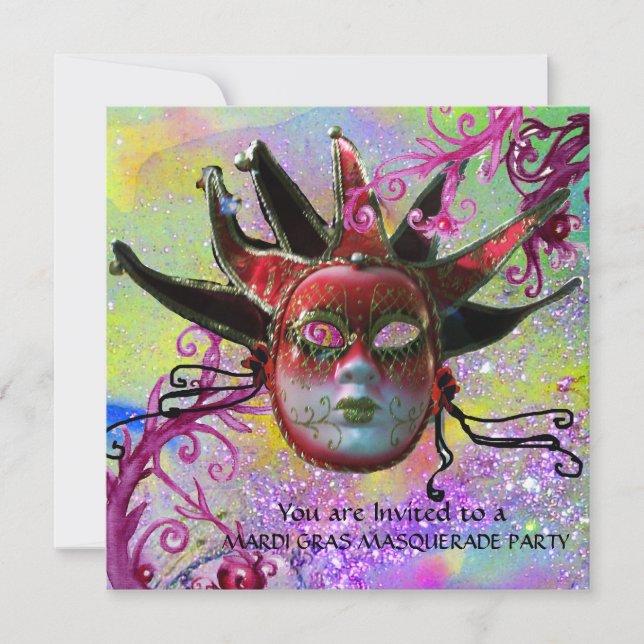 BLACK AND RED JESTER MASK , Masquerade Party Invitation (Front)