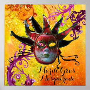 BLACK AND RED JESTER MASK , Masquerade Party Poster