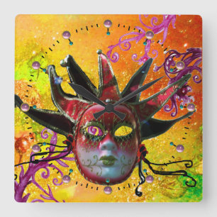 BLACK AND RED JESTER MASK Masquerade Party Yellow Square Wall Clock