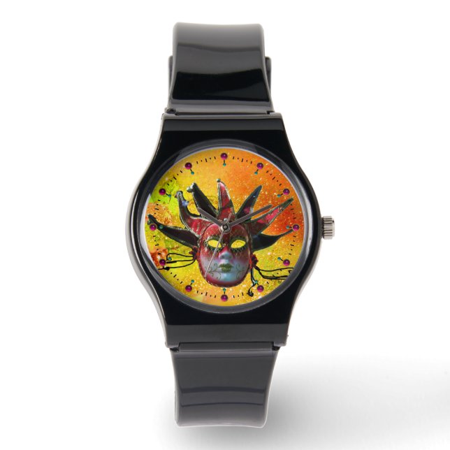 BLACK AND RED JESTER MASK  Masquerade Party Yellow Watch (Front)
