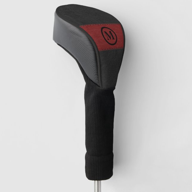 Black and red leather image custom monogram golf head cover (Angled)