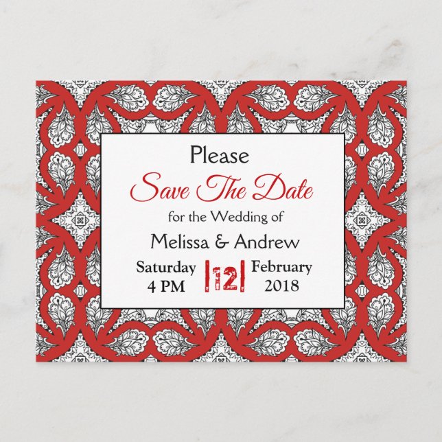 Black and Red Mandala Wedding Save the Date Announcement Postcard (Front)