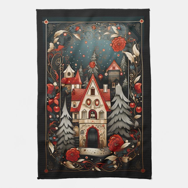 Black and Red Modern Abstract Christmas Designs Tea Towel (Vertical)