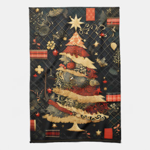 Black and Red Modern Abstract Christmas Tree Tea Towel