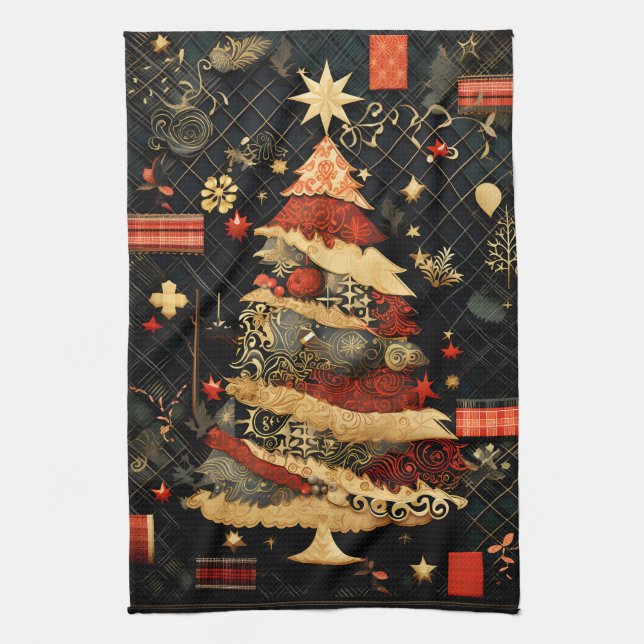 Black and Red Modern Abstract Christmas Tree Tea Towel (Vertical)