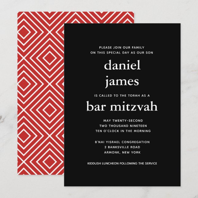 Black and Red Modern Bar Mitzvah Invitation (Front/Back)