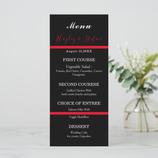 Black And Red Modern  Watercolor Floral Wedding Menu (Standing Front)