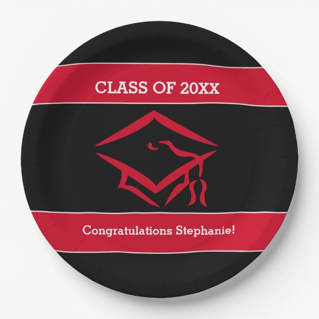 Black and Red Mortarboard Graduation Party Paper Plate (Front)