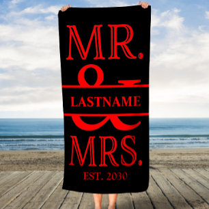 Black and Red Mr. Mrs. Personalised Beach Towel