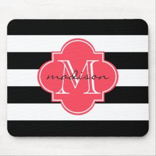 Black and Red Nautical Stripes Custom Monogram Mouse Pad