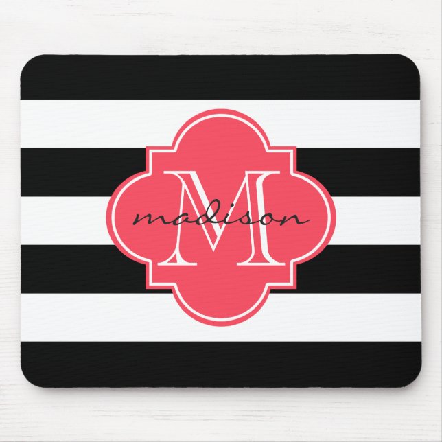 Black and Red Nautical Stripes Custom Monogram Mouse Pad (Front)