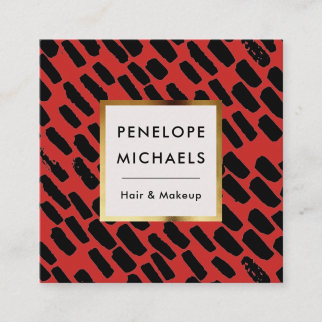 Black and Red Pattern with Frame Square Business Card (Front)