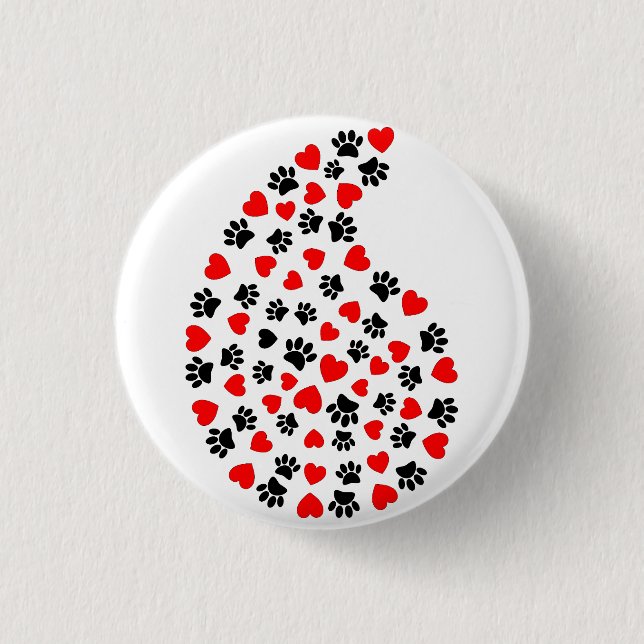 Black And Red Paw Print And Hearts Paisley Print 3 Cm Round Badge (Front)