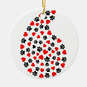 Black And Red Paws And Hearts Paisley Pattern Ceramic Ornament