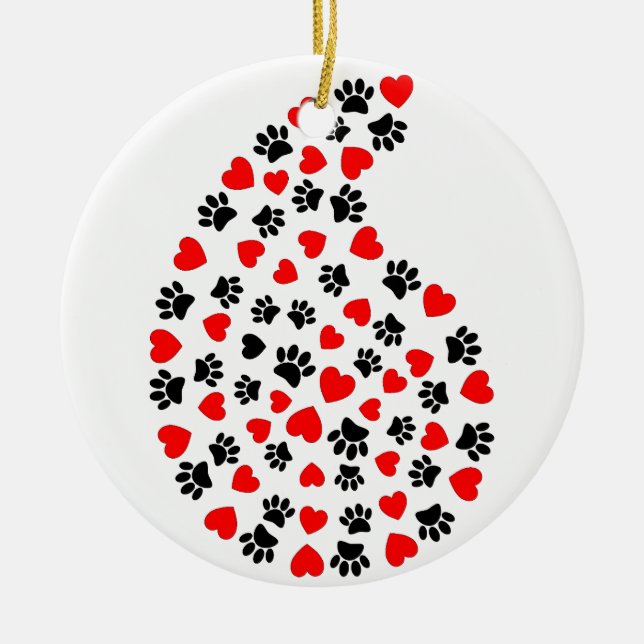 Black And Red Paws And Hearts Paisley Pattern Ceramic Ornament (Front)