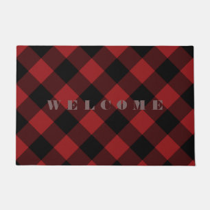 Black and Red Plaid Check Doormat - Welcome