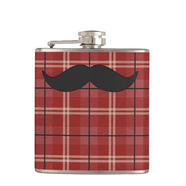 Black and Red Plaid Moustache Hip Flask (Front)