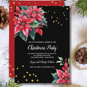 Black and red Poinsettia flower Christmas party Invitation