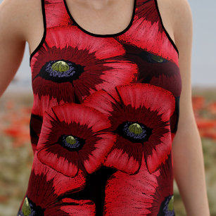 Black and Red Poppies Flower Pattern Womens Singlet
