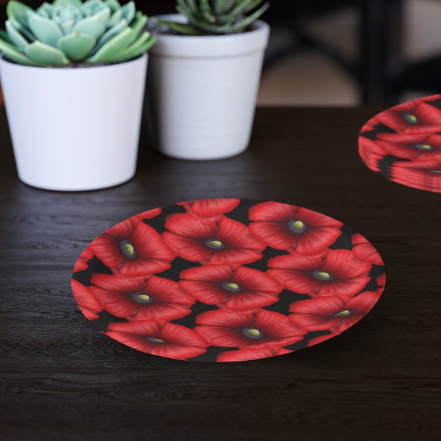 Black and Red Poppy Floral Pattern Paper Plates (Poppy pattern paper plate perfect for your parties. Pop some snacks on them today!)