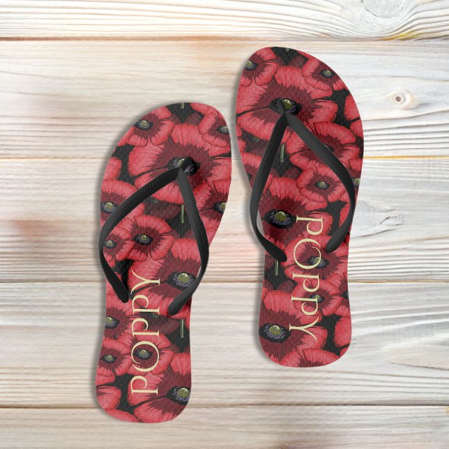 Black and Red Poppy Flowers Floral Womens Thongs (Pop a pair of poppy flip flops on your feet. Just add your name!)