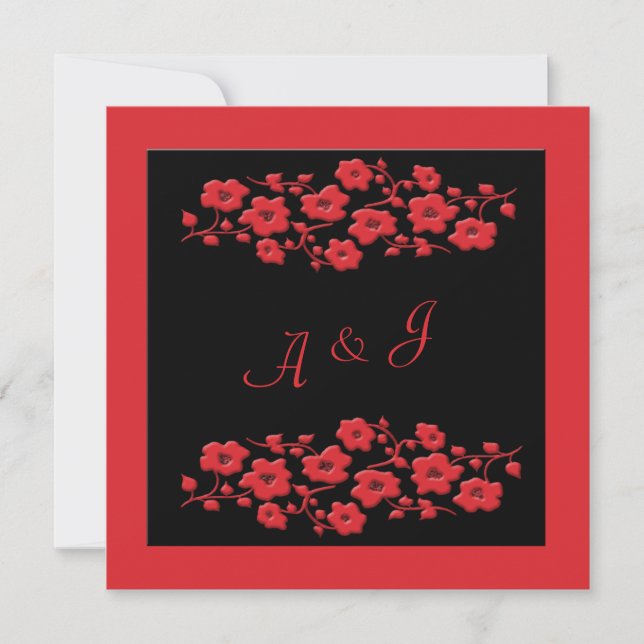 Black and Red Poppy Monogram Invitation (Front)