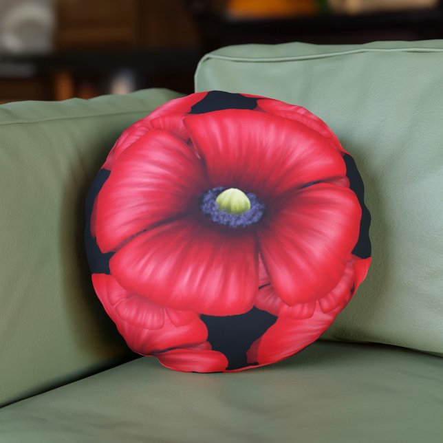 Black and Red Poppy Pattern Round Cushion (Pop a pretty poppy pillow on your sofa today!)