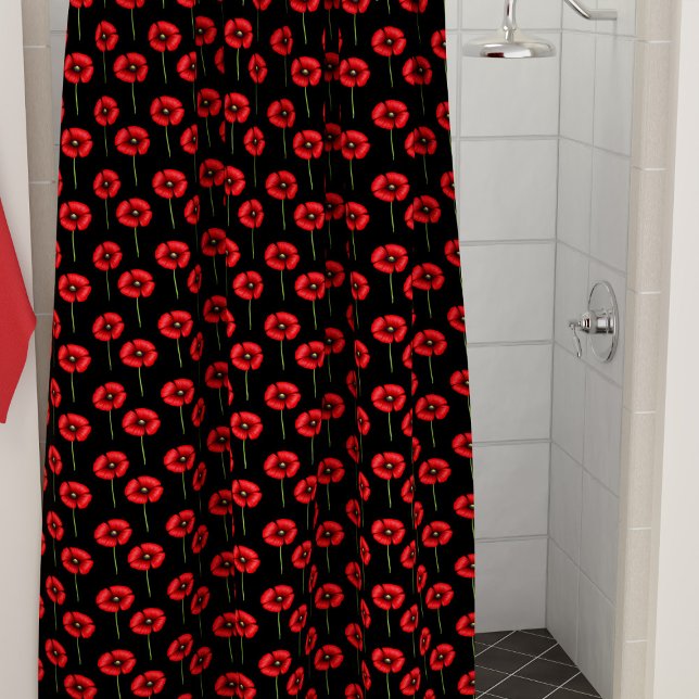 Black and Red Poppy Pattern  Shower Curtain (Pop a pop of color in your bathroom with this poppy pattern shower curtain)