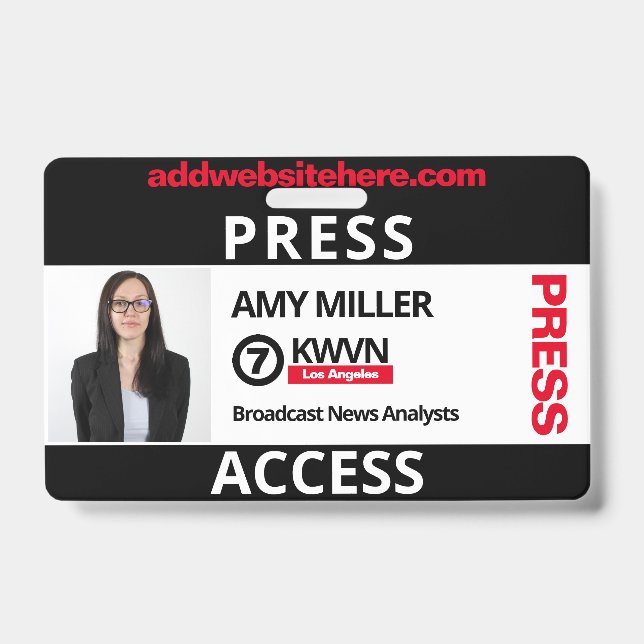 Black and Red Press Pass Custom Name Employee ID Badge (Front)