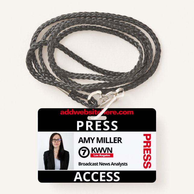 Black and Red Press Pass Custom Name Employee ID Badge (Front with Lanyard)