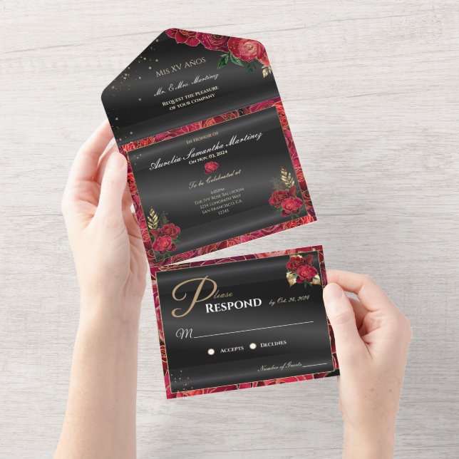 Black and Red Quinceañera Affordable Invitations (Tearaway)